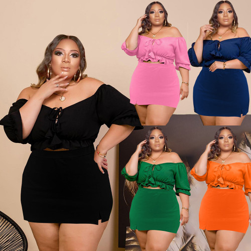 Summer plus size solid color sexy one-shoulder culottes two-piece set