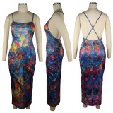 Summer Tie Dye Denim Graphic Print Suspender Backless Dress Long Skirt
