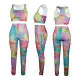 Spring/Summer Tie-Dye Printed Vest Gathered Pants Sports Two-Piece Set