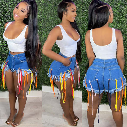 Sexy Colorful Rope Personality Tassel Denim Shorts