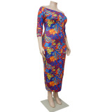 2022 Summer Plus Size Printed One-word Neck hip wrap  Dress