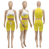 Summer casual sexy solid color stitching rib knit pit bar two-piece set