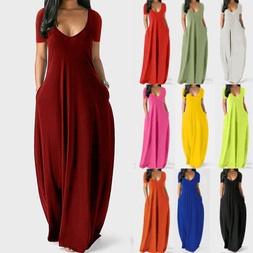 Summer Plus Size Solid Color Sexy Deep V Short Sleeve Long Dress (with Pockets)