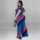 2022 summer plus size printed knitted casual lace-up two-piece set