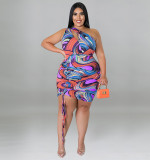 2022 Summer Plus Size Printed One Shoulder Sleeve Sexy Drawstring Hip Dress