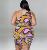 2022 Summer Plus Size Printed One Shoulder Sleeve Sexy Drawstring Hip Dress