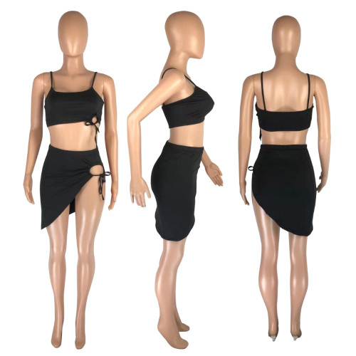 Summer sexy suspenders one-shoulder irregular skirt two-piece set