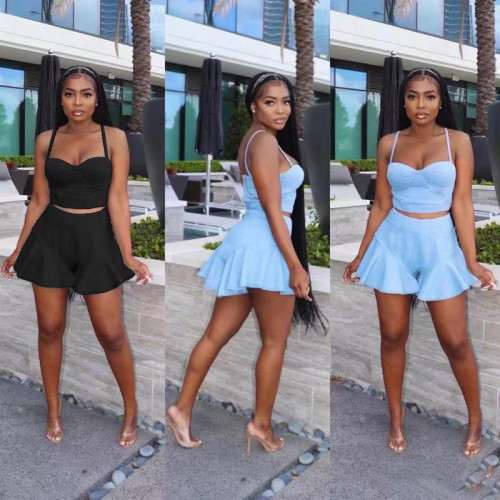 Summer sexy suspenders one-shoulder shorts two-piece suit
