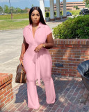 Plus Size Shirt Collar Breasted Wide Leg Jumpsuit With Belt
