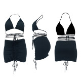 Summer sexy plus size solid color bikini nightclub style skirt two-piece set