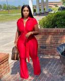 Plus Size Shirt Collar Breasted Wide Leg Jumpsuit With Belt