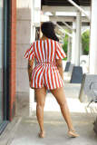Summer Striped Short Sleeve High Waist Short Jumpsuit