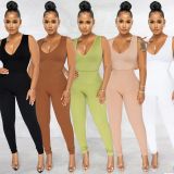 Summer casual tight solid color V-neck sleeveless trousers two-piece set