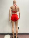 Sexy Lace-Up Halter Open Back Ruffle Shorts Two-Piece Set