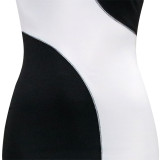 Summer hollow sexy suspender black and white contrasting color print dress temperament one-step skirt