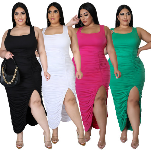 2022 plus size sexy solid color wrinkled tank top dress