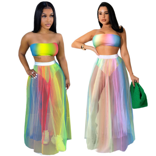 2022 Nightclub Clothes Printed Chest Wrapped Colorful Mesh Skirt Two-piece Set  