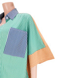 2022 summer striped button pocket loose front short back long shirt