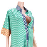 2022 summer striped button pocket loose front short back long shirt