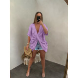 2022 Summer Pure Cotton Casual Loose Solid Color Wrinkled Cloth Twist V-Neck Top