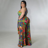 Summer 2022 Plus Size Printed Casual Halter Jumpsuit with Belt