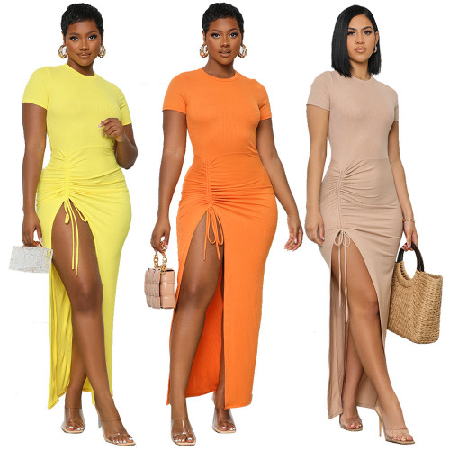 Summer 2022 Solid Color Slim Fit Smocked Side Slit Dress