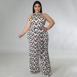 Summer 2022 Plus Size Printed Casual Halter Jumpsuit with Belt