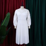 Spring/Summer Lace Hook Flower Sexy Hollow Pleated Dress (with belt)