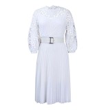 Spring/Summer Lace Hook Flower Sexy Hollow Pleated Dress (with belt)