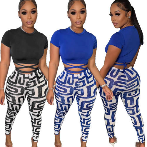 Summer Print Trousers Short Sleeve Casual Two Piece Set