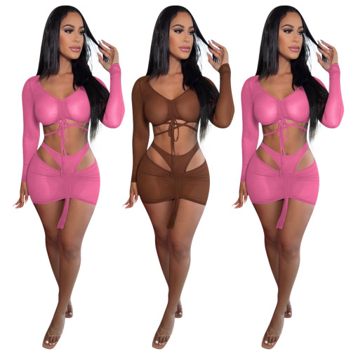 Summer Sexy Perspective Mesh Lace-up Two Piece set