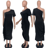 2022 Summer Sexy Solid Color One Shoulder Short Sleeve Ruffled Slit Dress