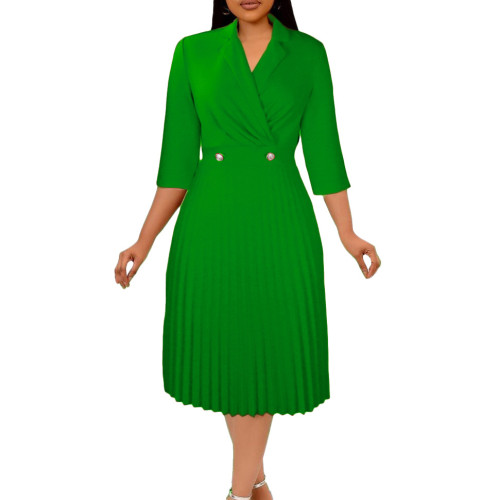 2022 autumn solid color temperament elegant suit collar pleated lapel dress