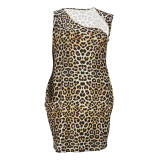 Summer Plus Size Sexy Leopard Print Irregular Collar Sleeveless Midi Dress