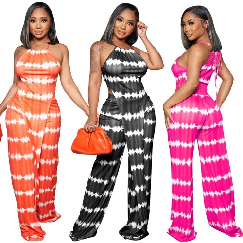 Summer Striped Print Casual Wide Leg Two Piece Set