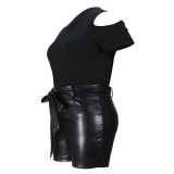 Plus Size Solid Color Sexy PU Leather Shorts
