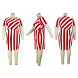 2022 Summer Plus Size Short Sleeve Crew Neck Striped Dress