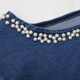2022 summer round neck short sleeve denim top bubble bead bow loose top
