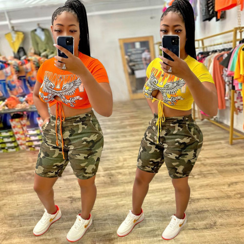 2022 Summer Printed Hollow Out Navel Round Neck Short Sleeve T-Shirt Camouflage Shorts Two-Piece Set