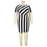2022 Summer Plus Size Short Sleeve Crew Neck Striped Dress