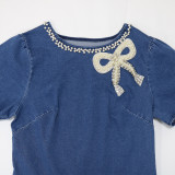 2022 summer round neck short sleeve denim top bubble bead bow loose top