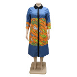 Summer Plus Size Denim Stitching Print Lapel Dress