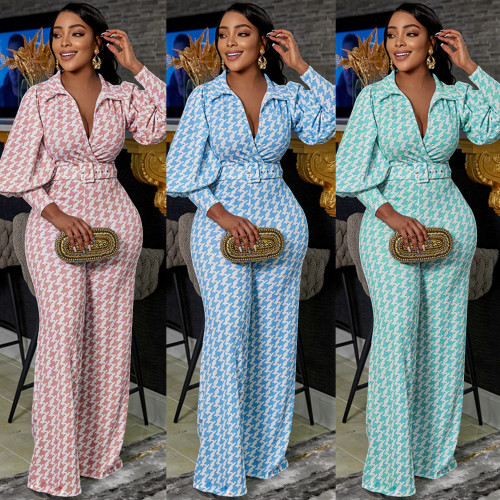 Casual Printed Skinny V-Neck Puff-Sleeve Long-Sleeve Wide-Leg Pants Two-Piece Set