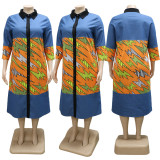 Summer Plus Size Denim Stitching Print Lapel Dress