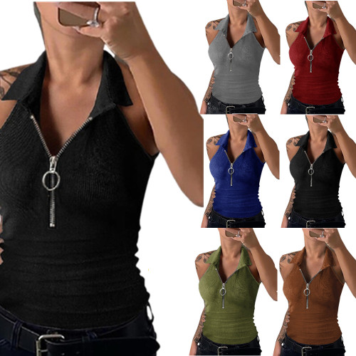 Spring and summer solid color pit strip lapel zipper vest casual T-shirt