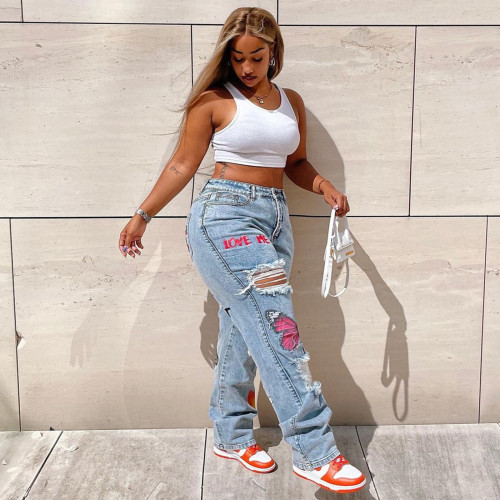 Summer 2022 Plus Size Printed Ripped High Waist Casual Jeans