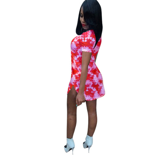 Summer Print Short Sleeve Side Slit Mini Dress