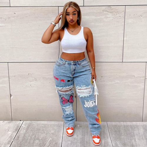 Summer 2022 Plus Size Printed Ripped High Waist Casual Jeans