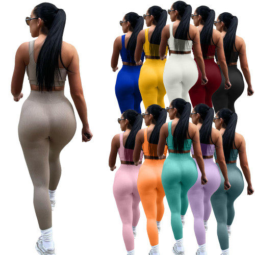 2022 summer solid color single slant shoulder vest yoga pants two-piece set