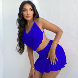2022 Solid Color Sling Pleated Skirt Two Piece Set